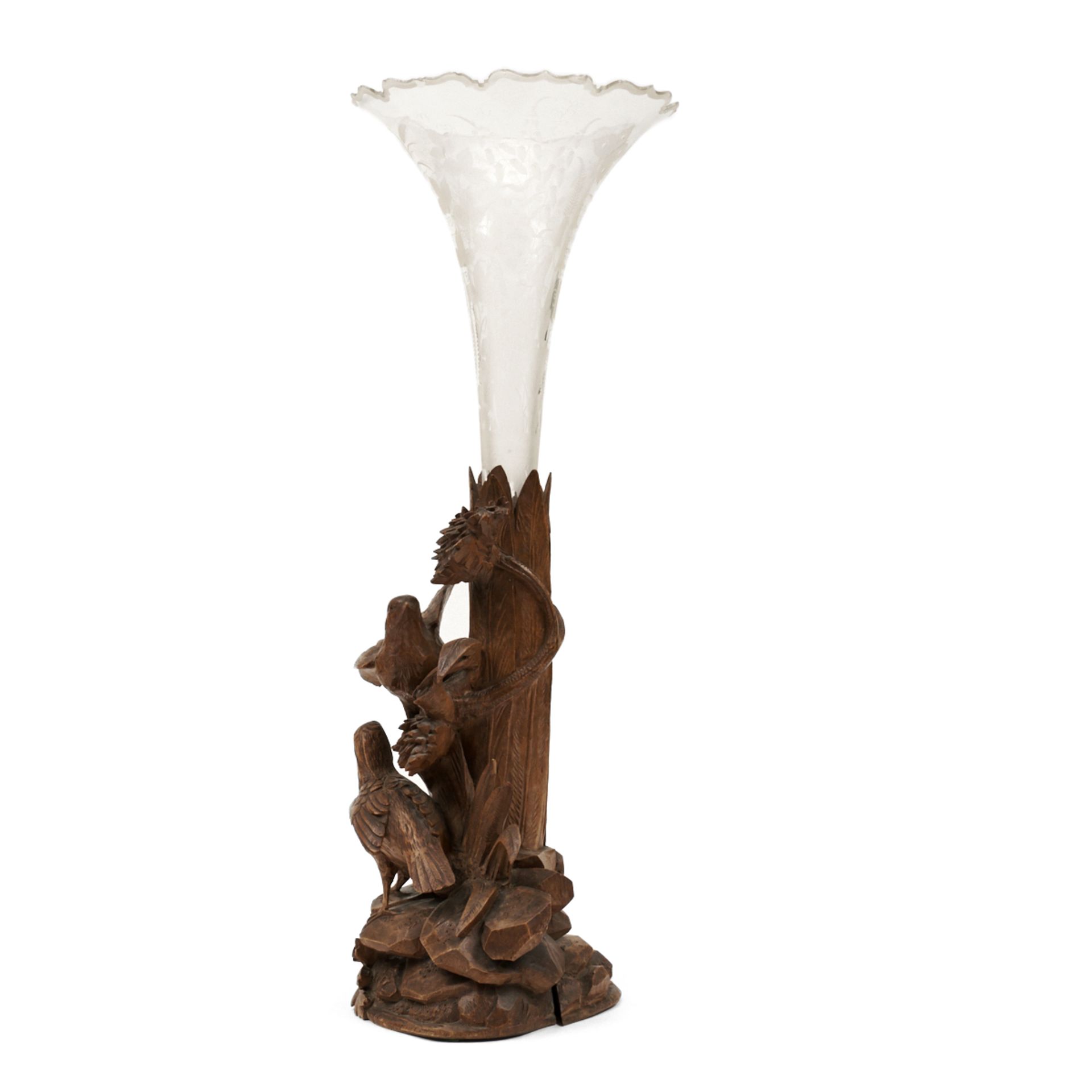 Black Forest Carved Wood Birds Trumpet Vase Cut Glass - Bild 2 aus 5