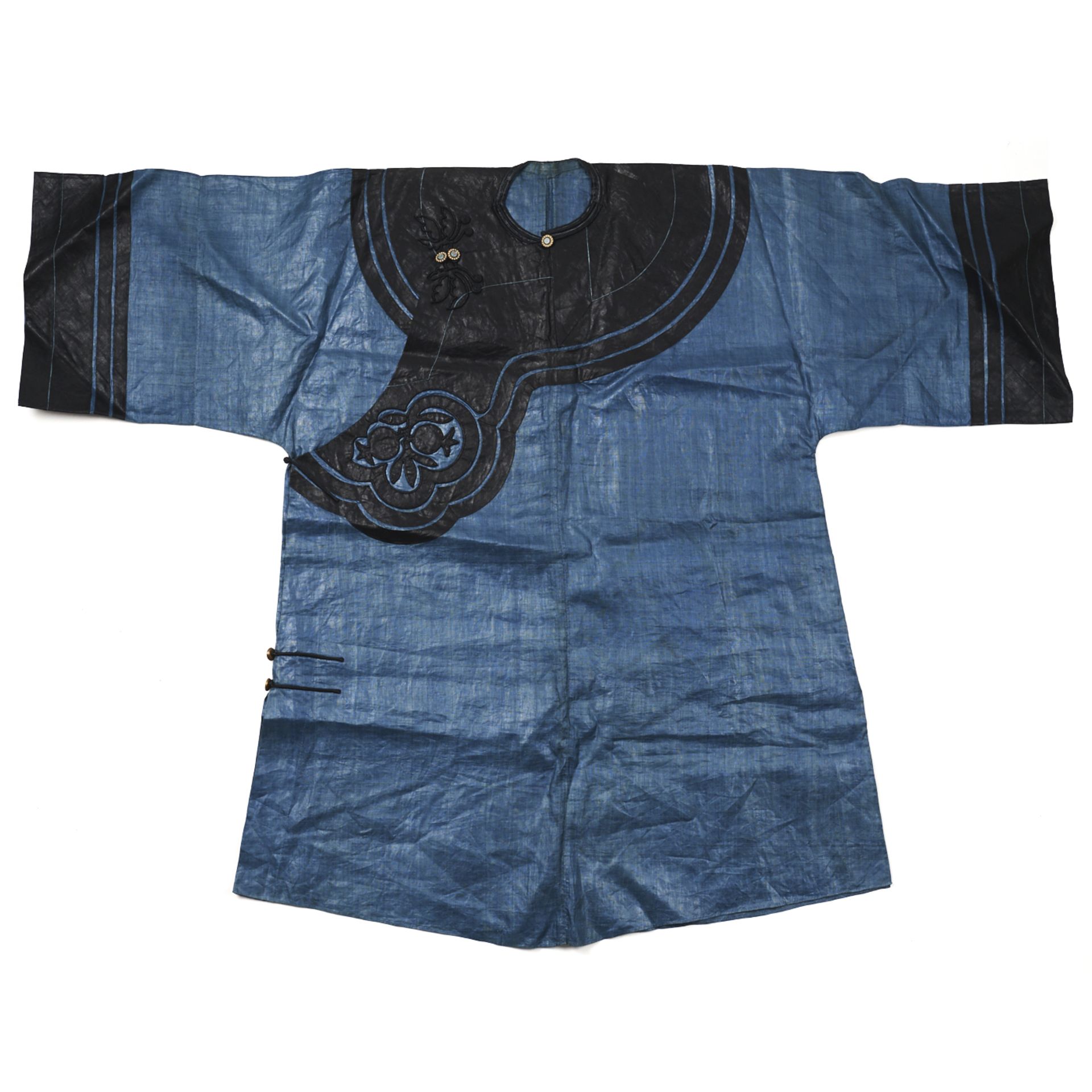 19th C. Chinese Blue Silk Robe w/ Black Collar