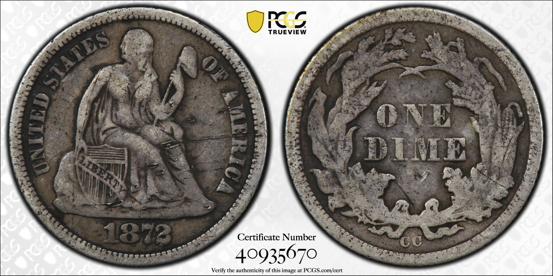 1872 CC Seated Liberty Dime VF PCGS - Image 4 of 4