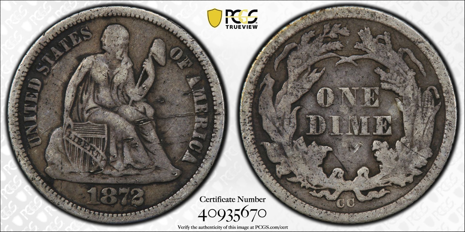 1872 CC Seated Liberty Dime VF PCGS - Bild 4 aus 4