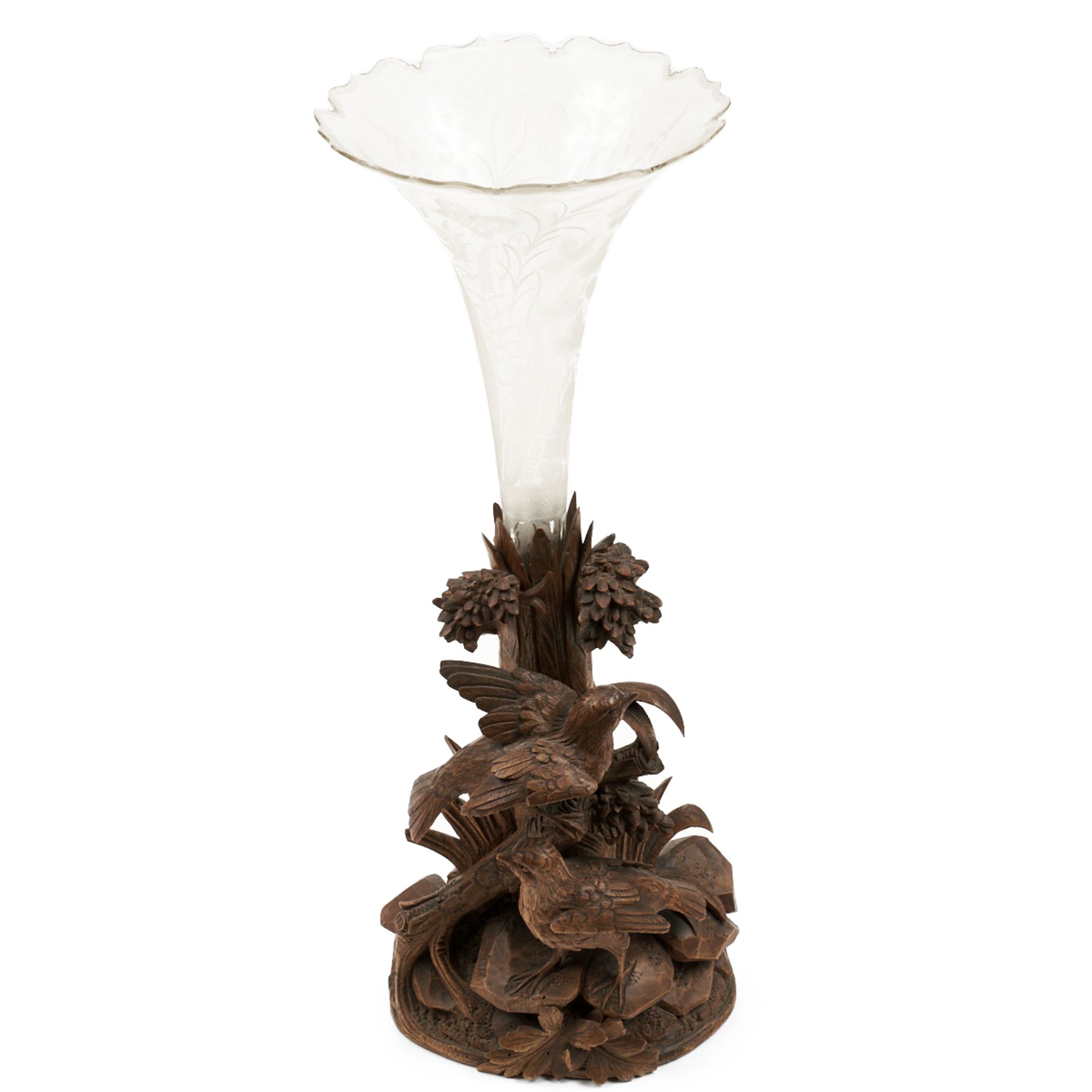 Black Forest Carved Wood Birds Trumpet Vase Cut Glass - Bild 5 aus 5