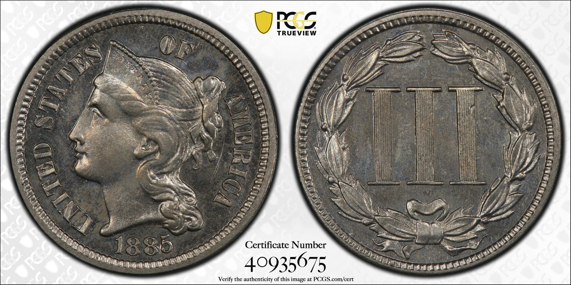 1885 Nickel 3 Cent Coin PR 63 PCGS - Image 4 of 4