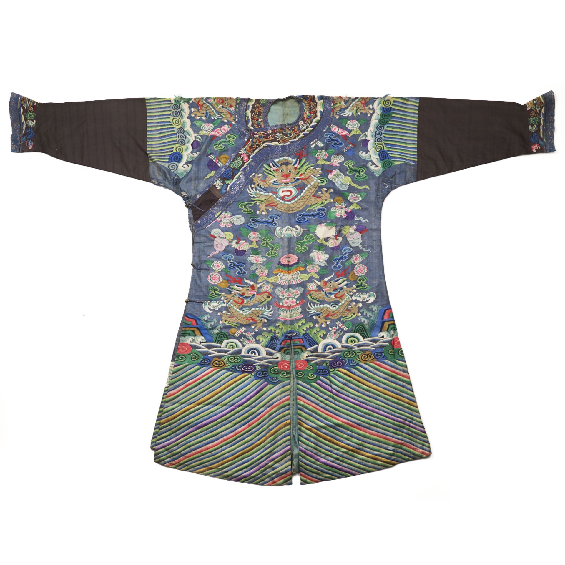 19th C. Qing Chinese Blue Silk Brocade Dragon Robe