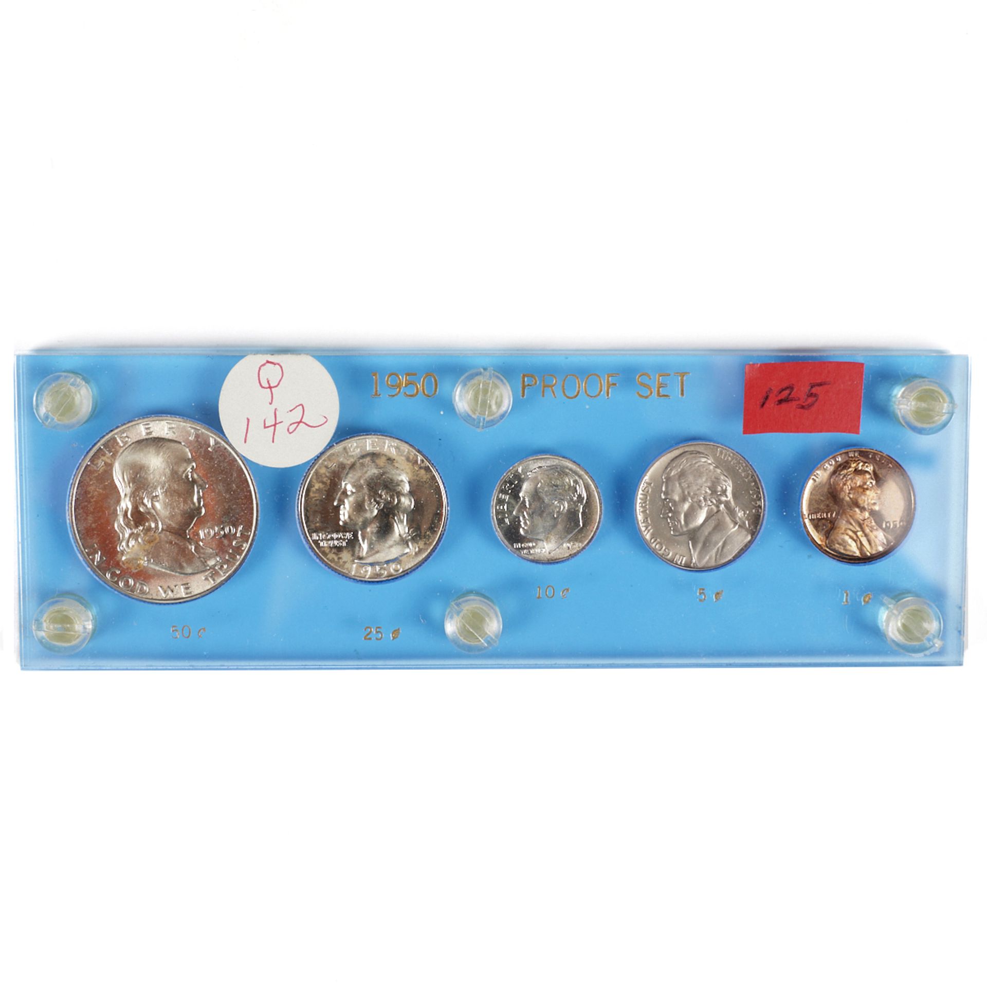 1950 5 Coin Proof Set Quarter Dime Penny Nickel Franklin