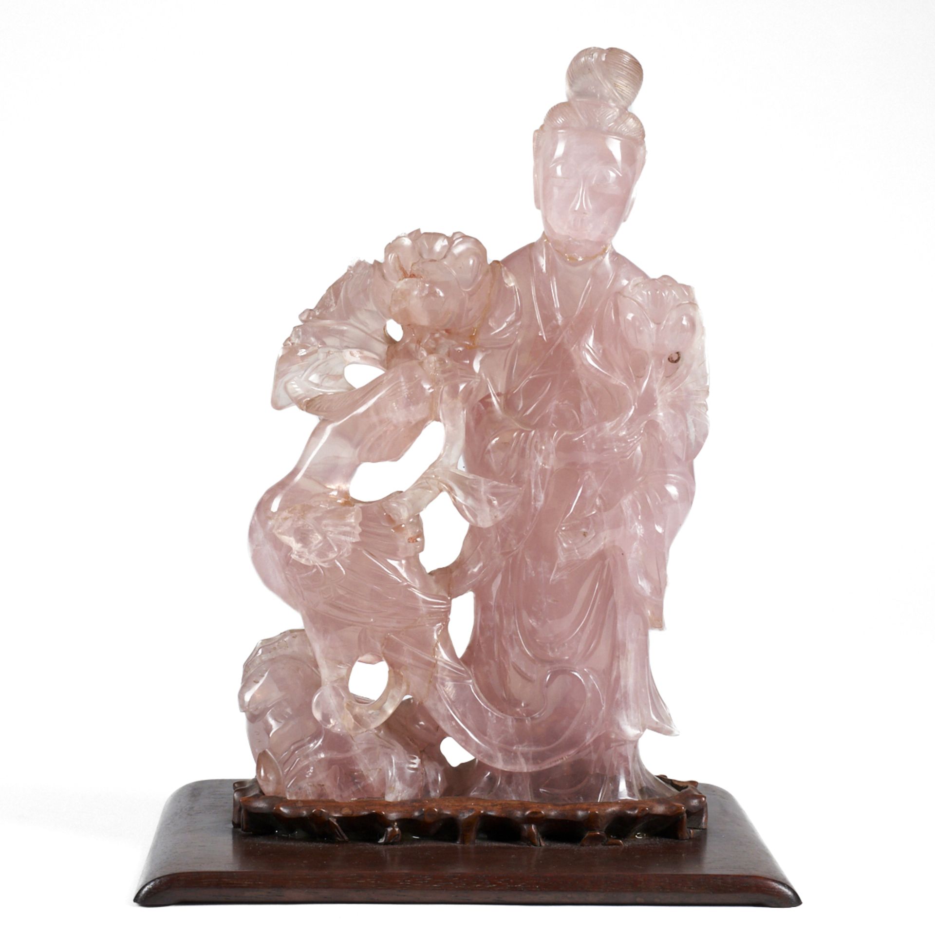 Antique Chinese Rose Quartz Woman & Bird Sculpture