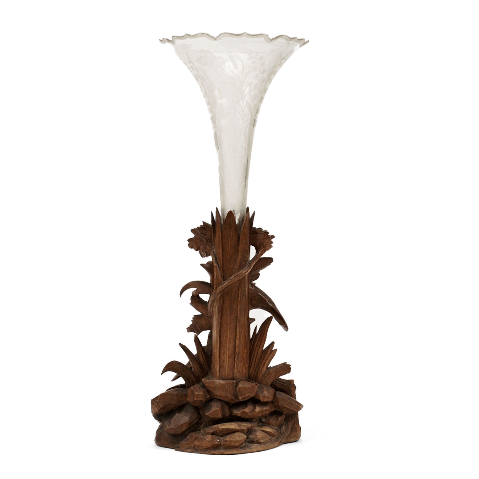 Black Forest Carved Wood Birds Trumpet Vase Cut Glass - Bild 3 aus 5
