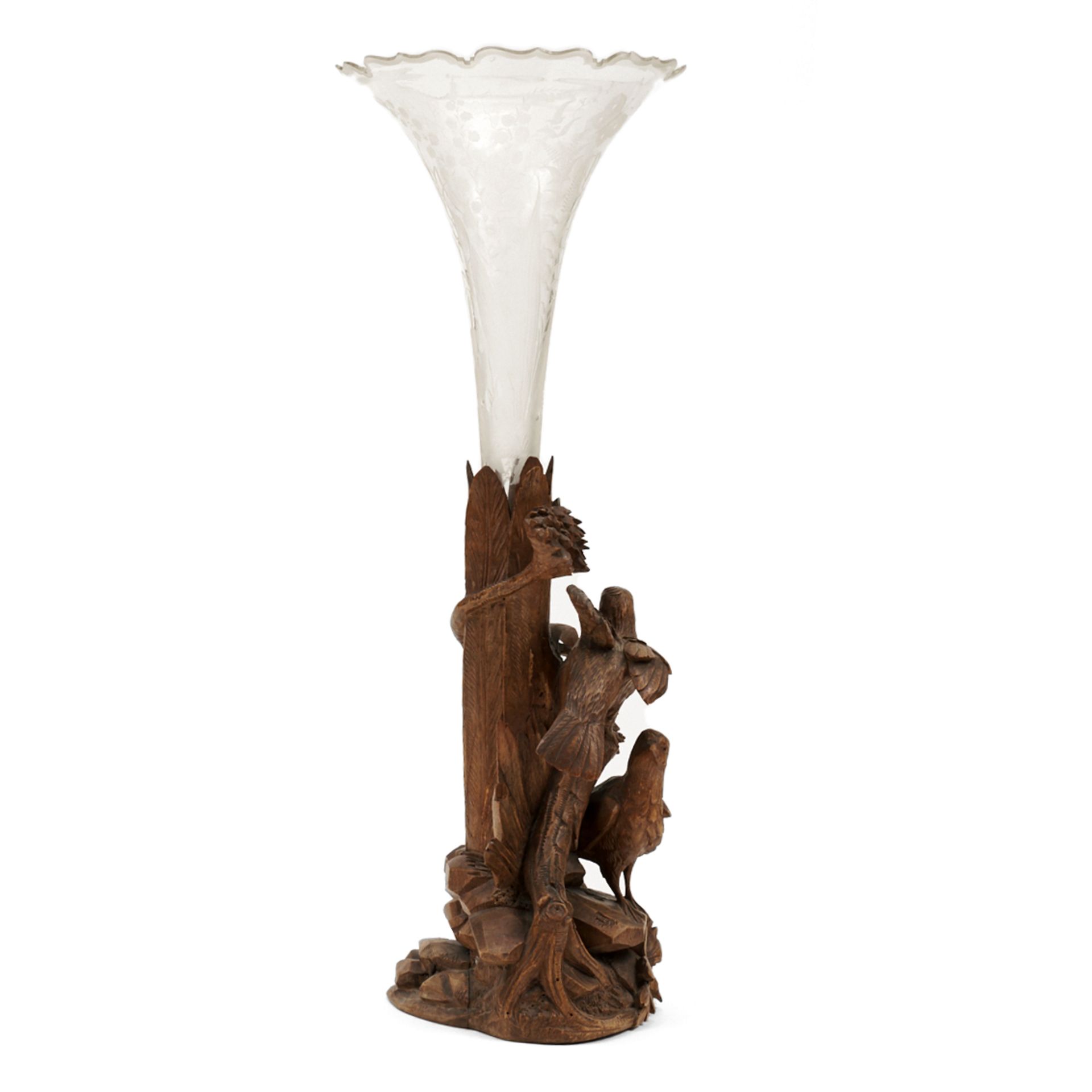 Black Forest Carved Wood Birds Trumpet Vase Cut Glass - Bild 4 aus 5