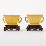 Pair of Chinese Yellow Handled Porcelain Cups w/ Stands