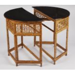 Pair of Chinese Bamboo Lacquer Demilune Tables w/ Gilt Design