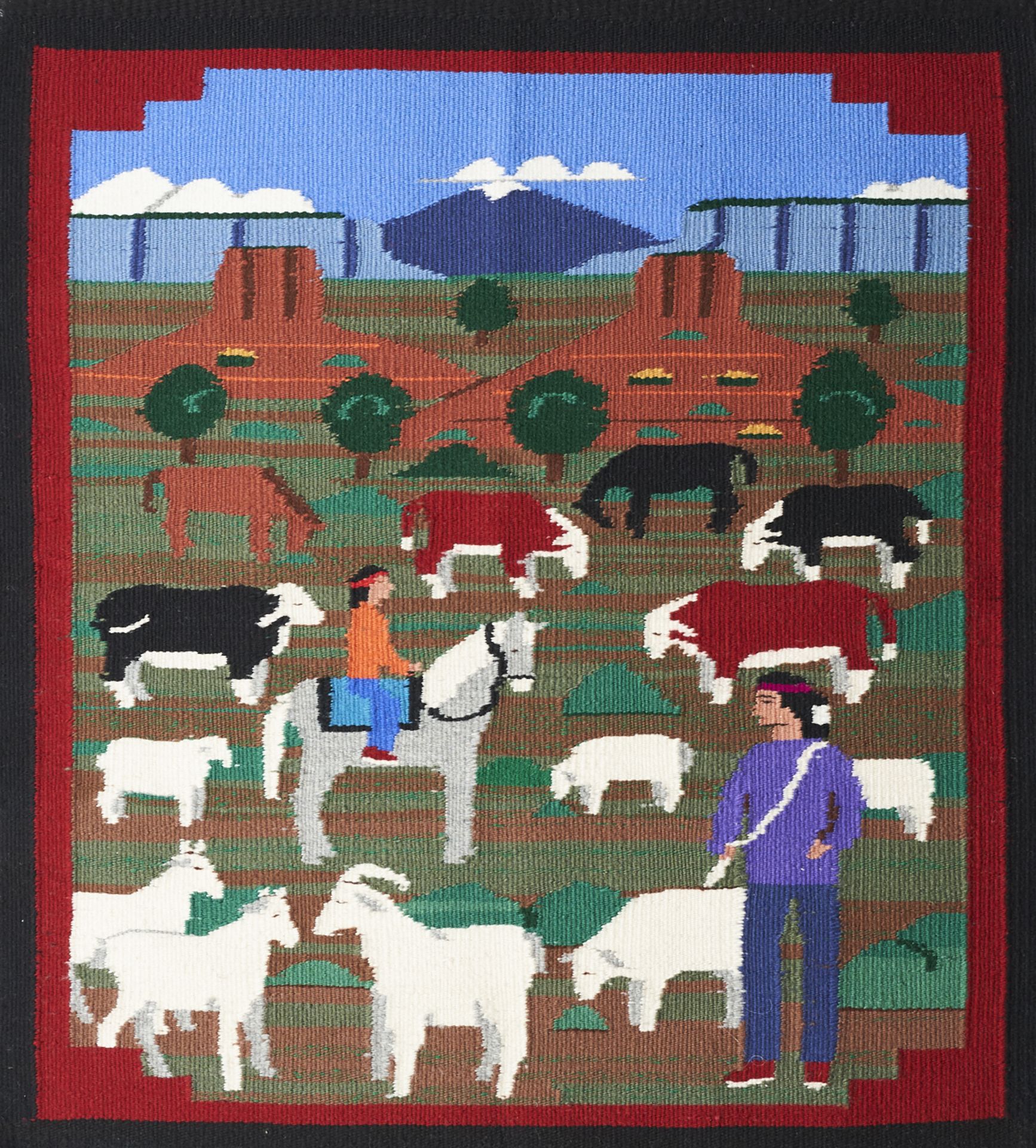Pictorial Navajo Rug Weaving Blanket Prairie Farm Scene - Image 2 of 4