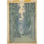 Hiroshi Yoshida "Cryptomeria Avenue" Woodblock Print