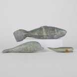 Grp: 3 Stone Carvings Fish & Dolphin