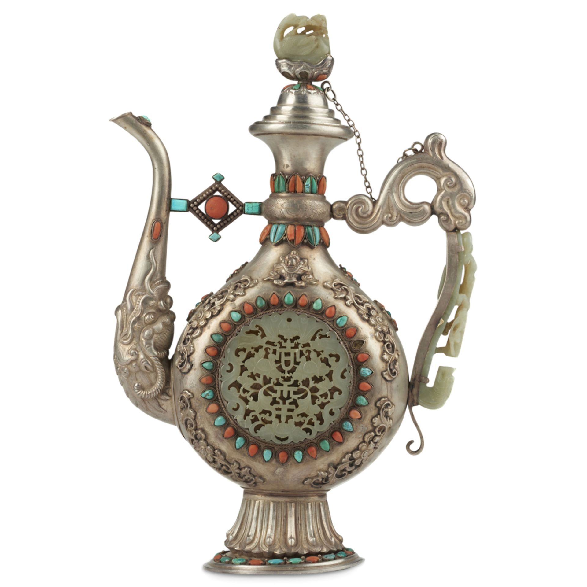 Chinese Qing/Republic Silver Jade Ewer - Image 3 of 10