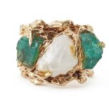 14K Gold Rough Pearl & Emerald Ring