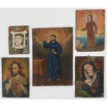 Grp: 5 Mexican Retablos of Mary Jesus Saints