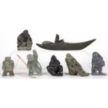 Group of 7 Inuit Soapstone Sculptures w/ Kayak