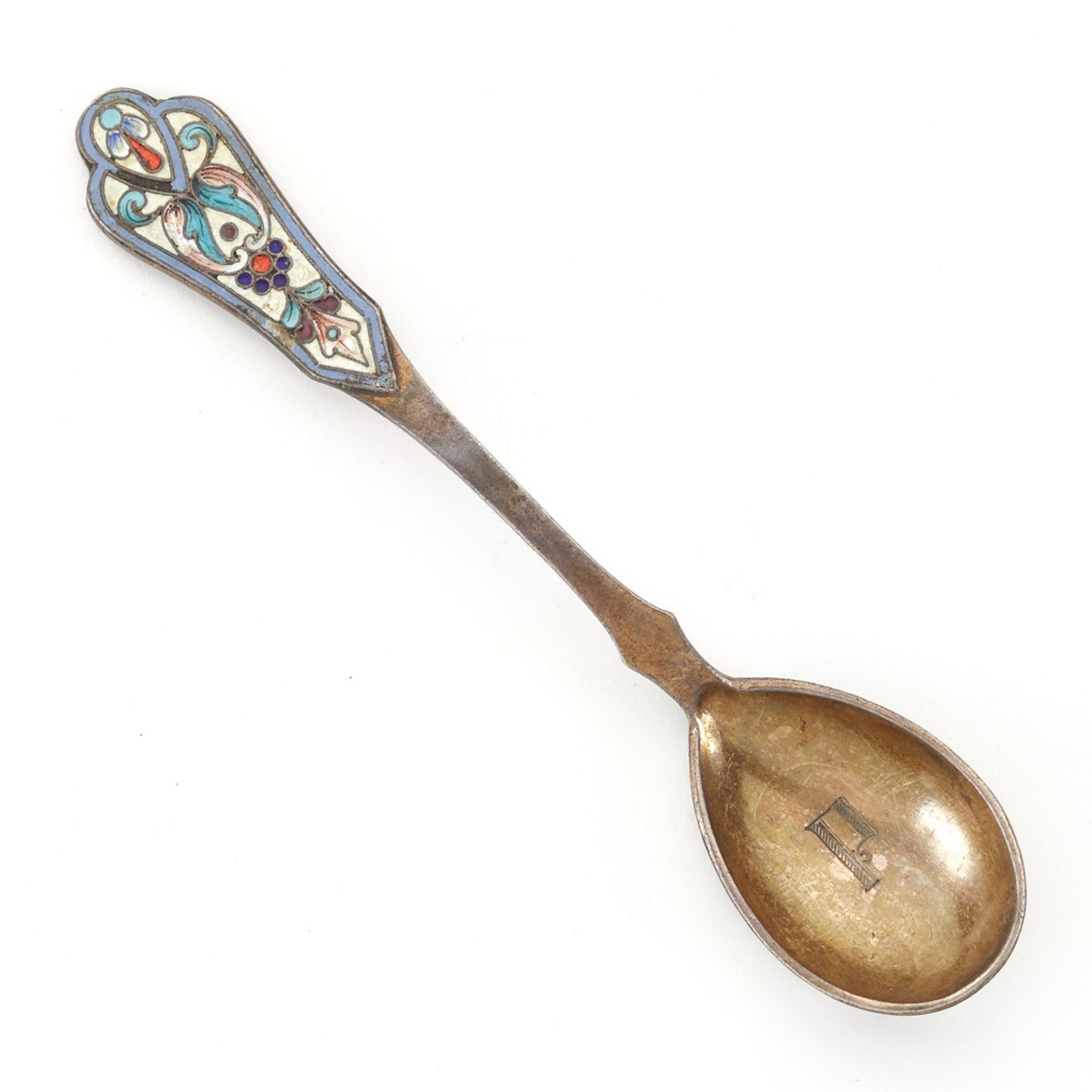 Grp: 9 Russian Enameled Silver Flatware and Cups - Image 4 of 15