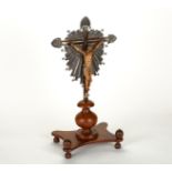 Spanish Colonial Polychrome Wood and Silver Crucifix