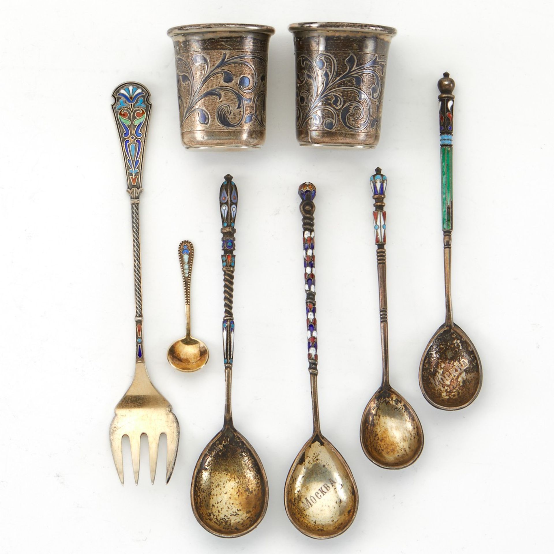 Grp: 9 Russian Enameled Silver Flatware and Cups - Image 2 of 15