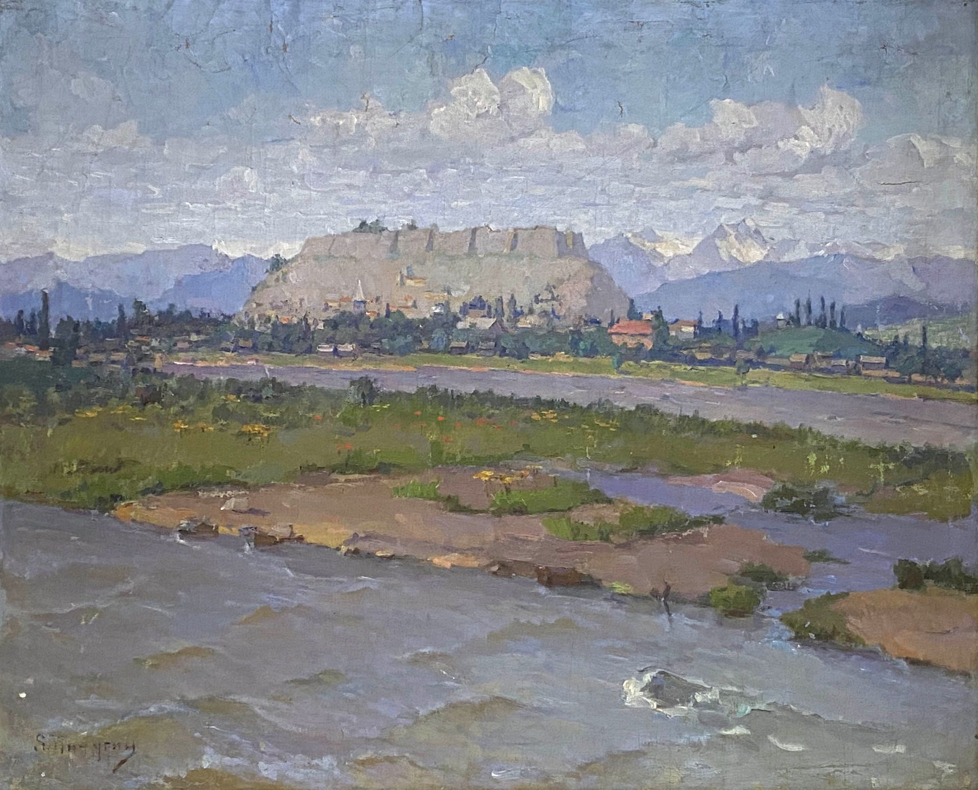 Sergej   Ivanowitsch  Picugin   (Ivanovich  Pichugin),  Russische   Landschaft  mit  Dorf  am  Fluß