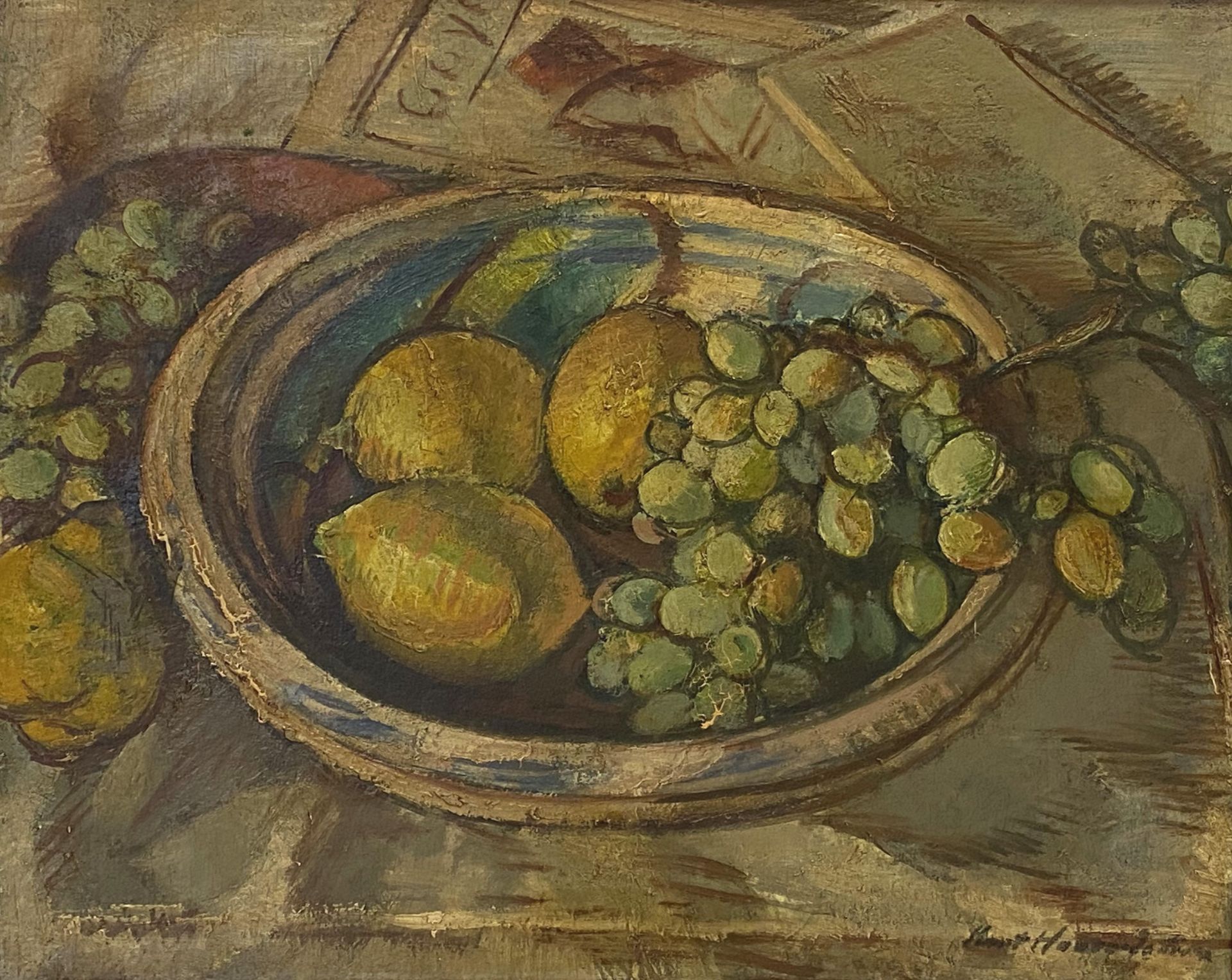 Kurt Haase Jastrow, Tischstillleben mit Trauben, Zitronen und Birne