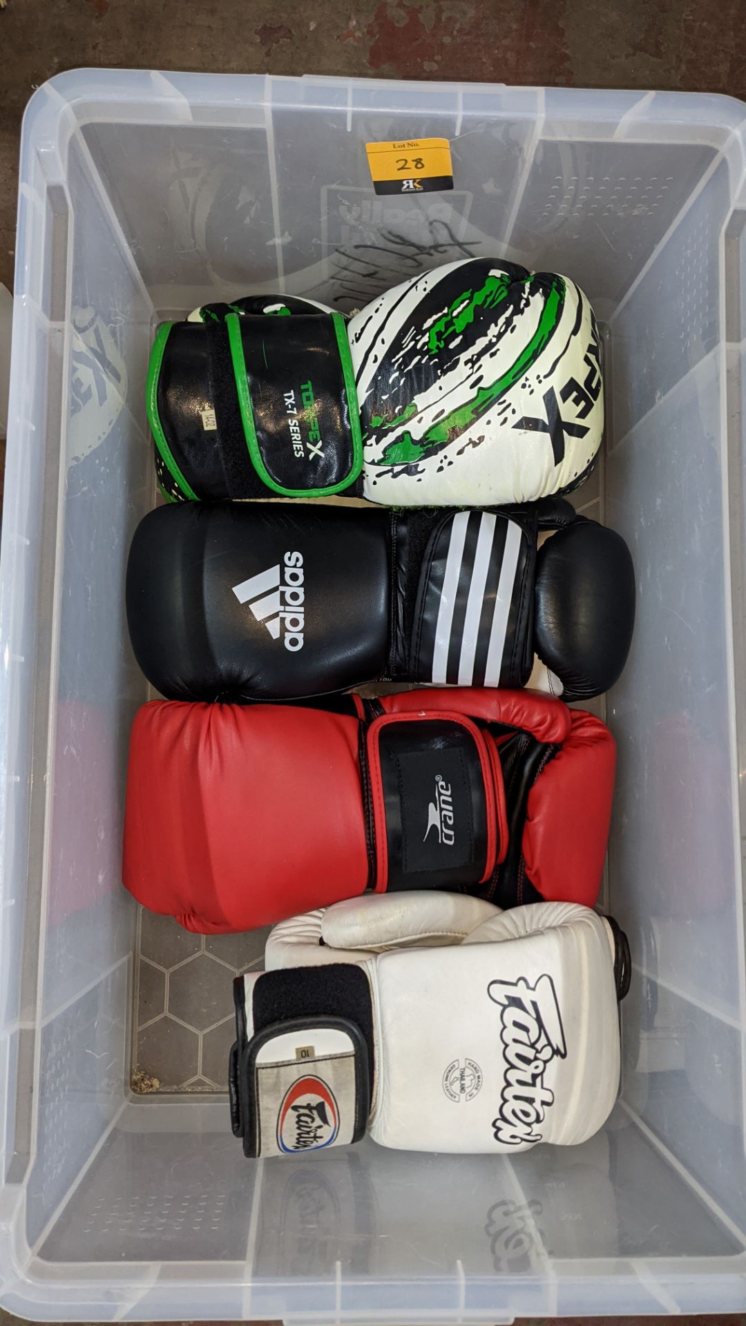 4 pairs of boxing gloves by Torpex, Fairtex, Crane & Adidas. NB please note rip to one of the Torpe - Image 2 of 10