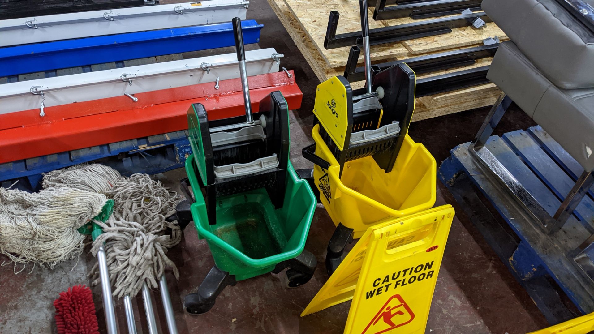 Quantity of cleaning equipment comprising 2 off Jangro mobile mop buckets with squeegee attachments - Image 6 of 8