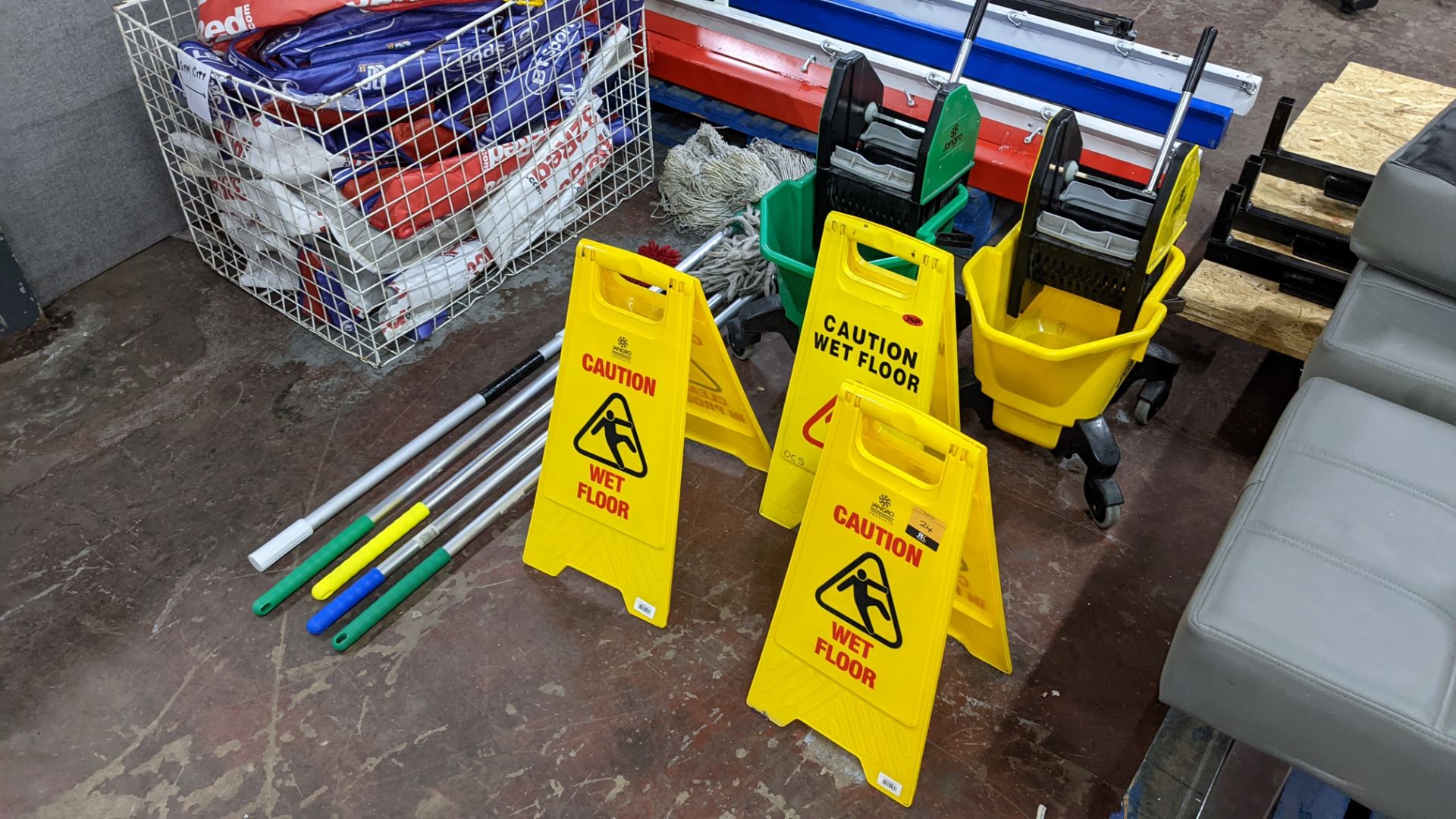 Quantity of cleaning equipment comprising 2 off Jangro mobile mop buckets with squeegee attachments