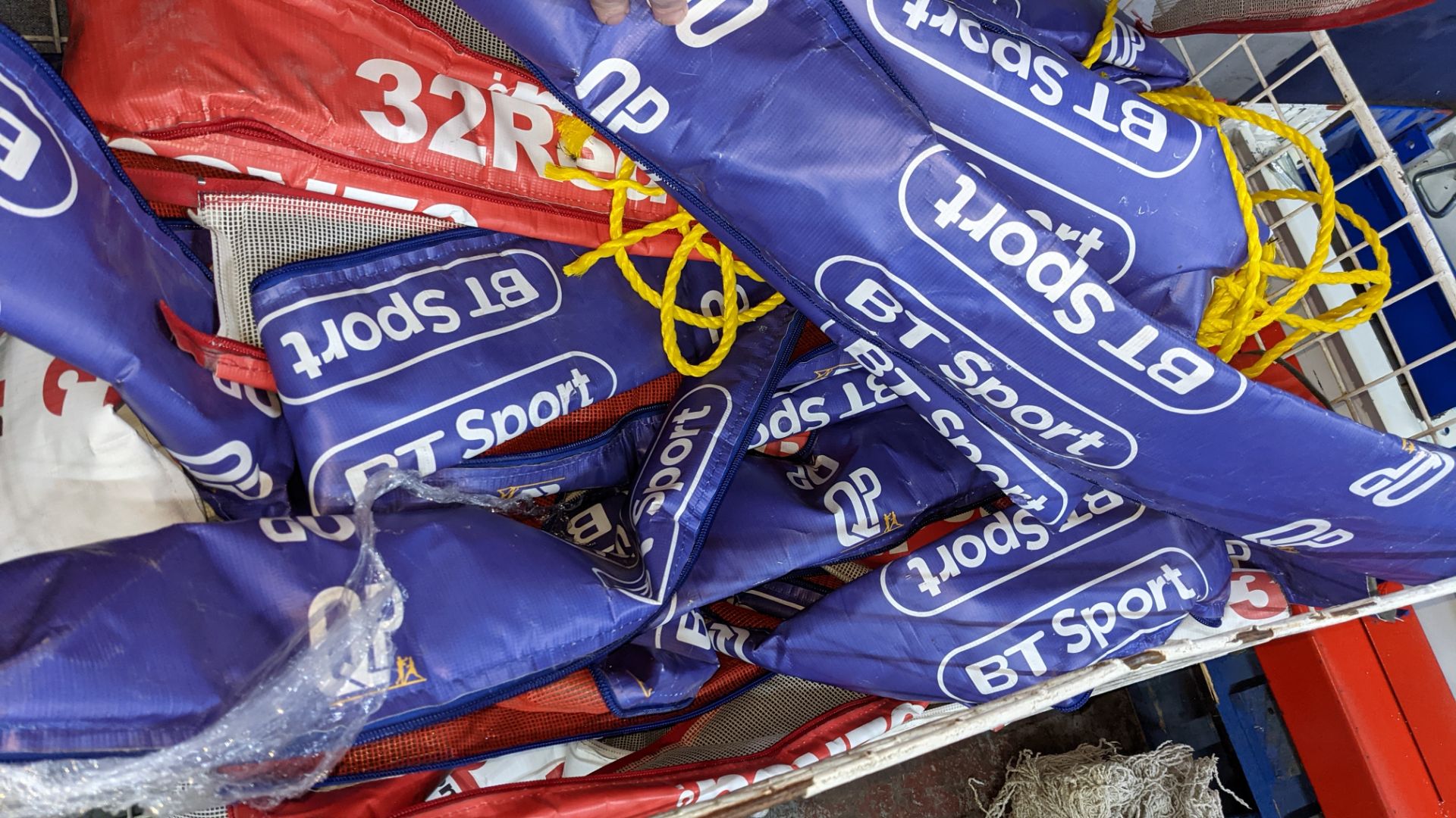 The contents of a cage of boxing ring rope covers, marked 32 red, BT Sport, etc - Image 6 of 6