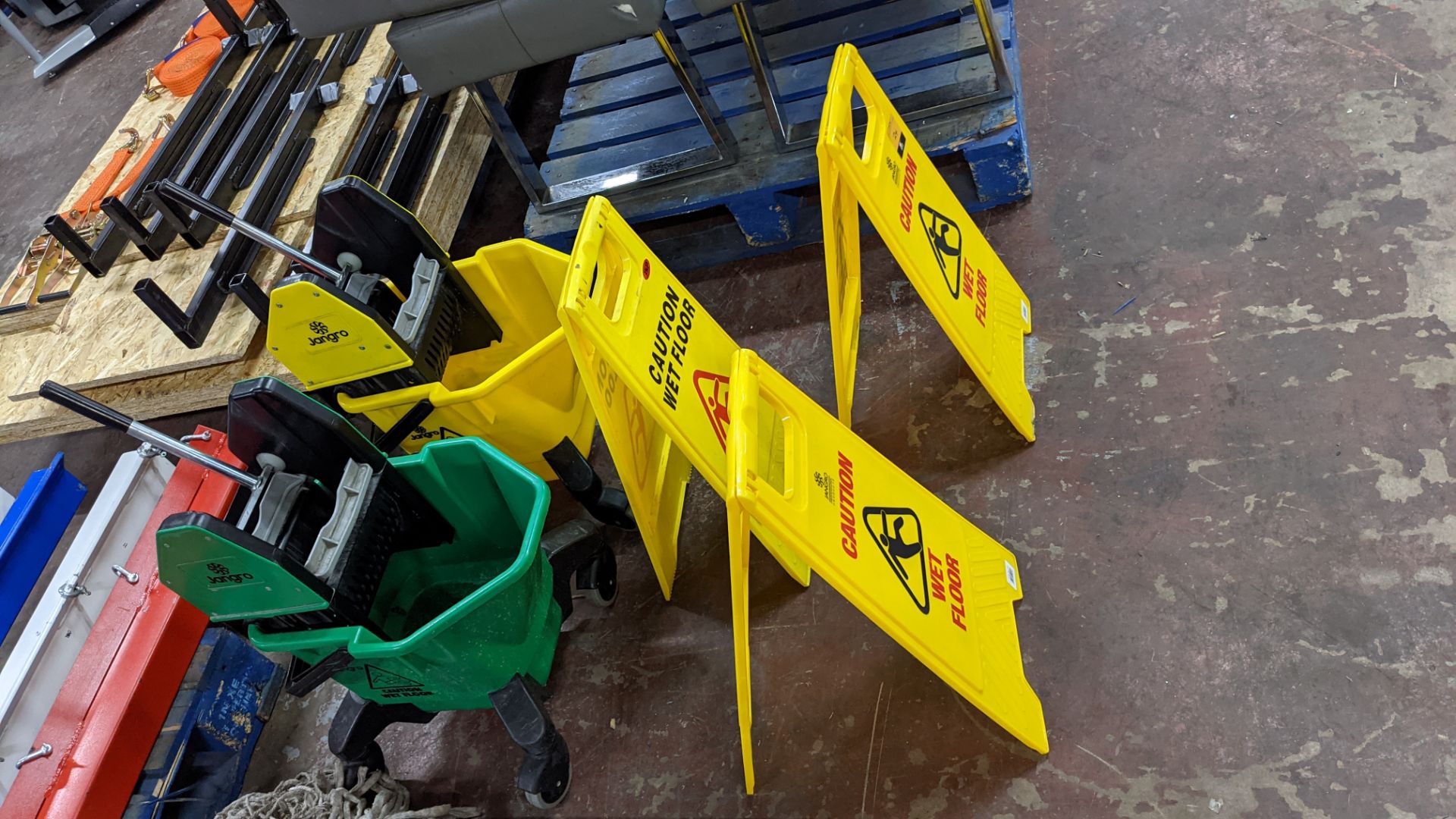 Quantity of cleaning equipment comprising 2 off Jangro mobile mop buckets with squeegee attachments - Image 8 of 8