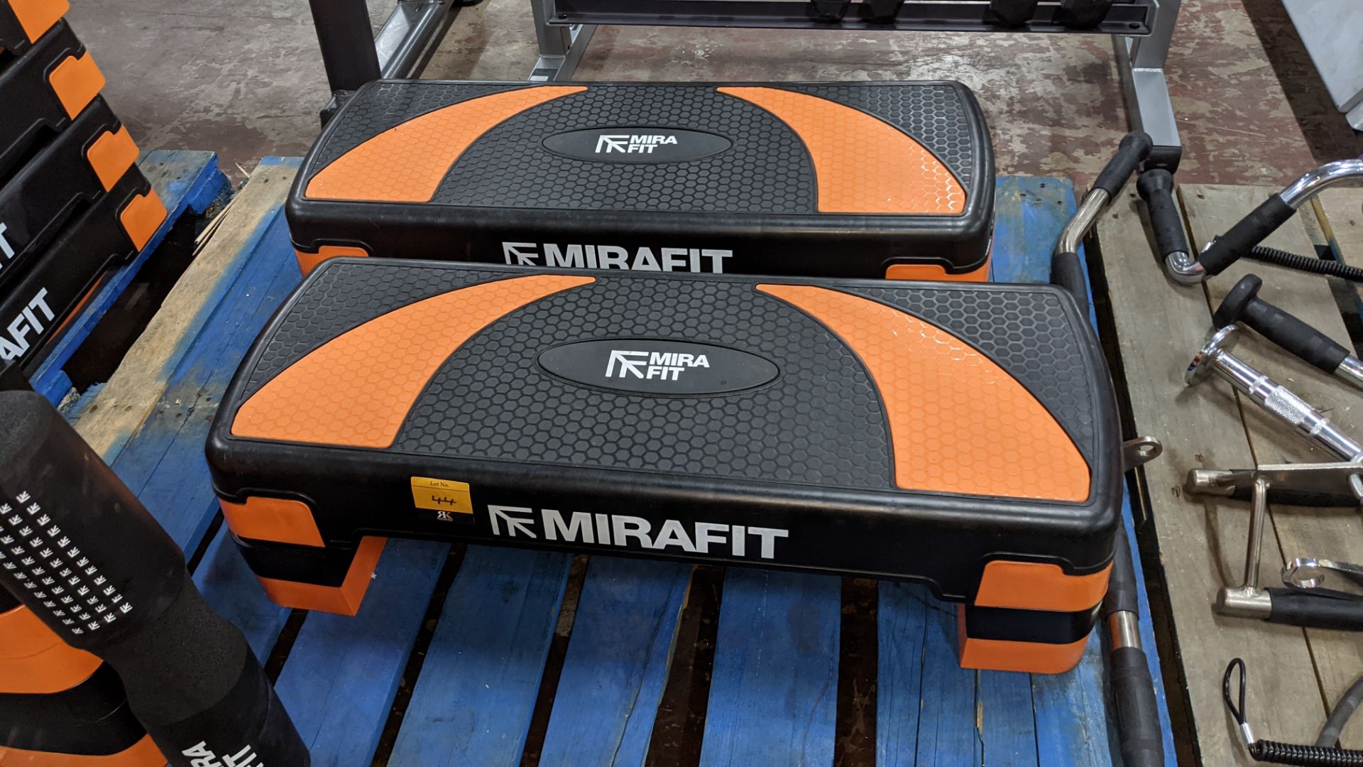 2 off Mira Fit aerobic exercise step / steppers, in each instance including 2 orange & 2 black feet