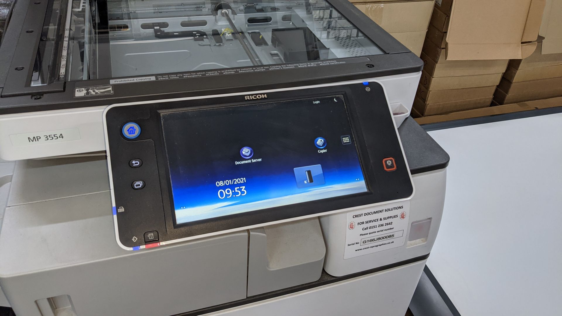 Ricoh model MP3554 floor standing multifunction copier with ADF, large touchscreen display, finishin - Image 5 of 12