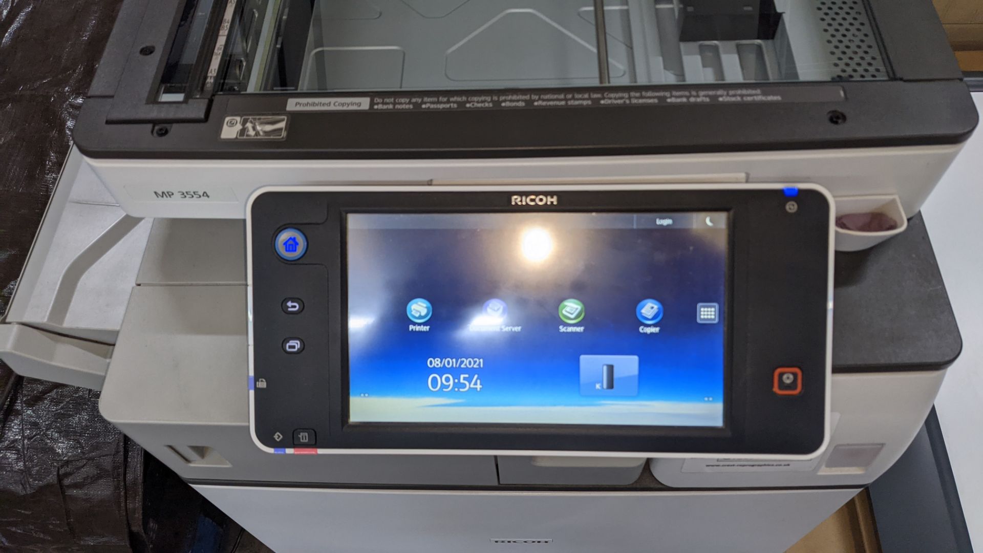 Ricoh model MP3554 floor standing multifunction copier with ADF, large touchscreen display, finishin - Image 6 of 12