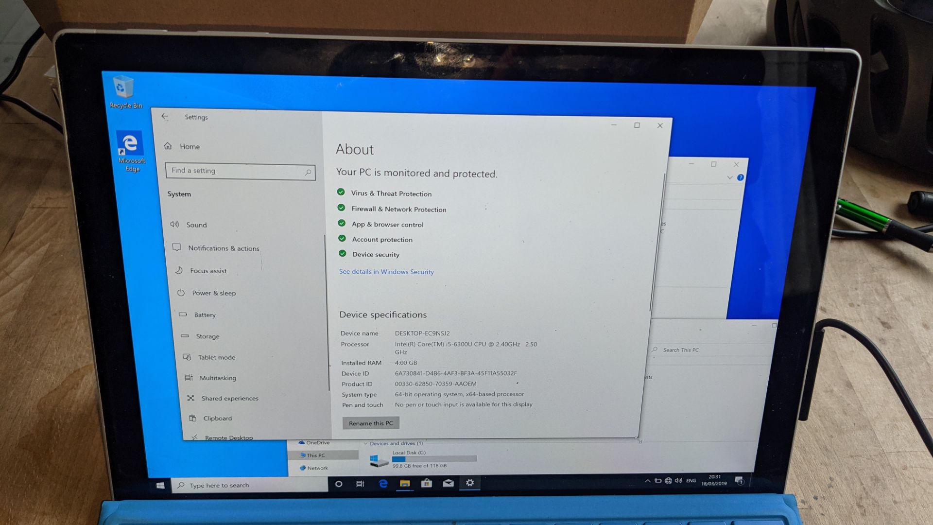 Microsoft Surface Pro 4 notebook computer, Intel Core i5-6300u@2.4GHz, 4Gb RAM, 128Gb SSD, with brig - Image 12 of 17