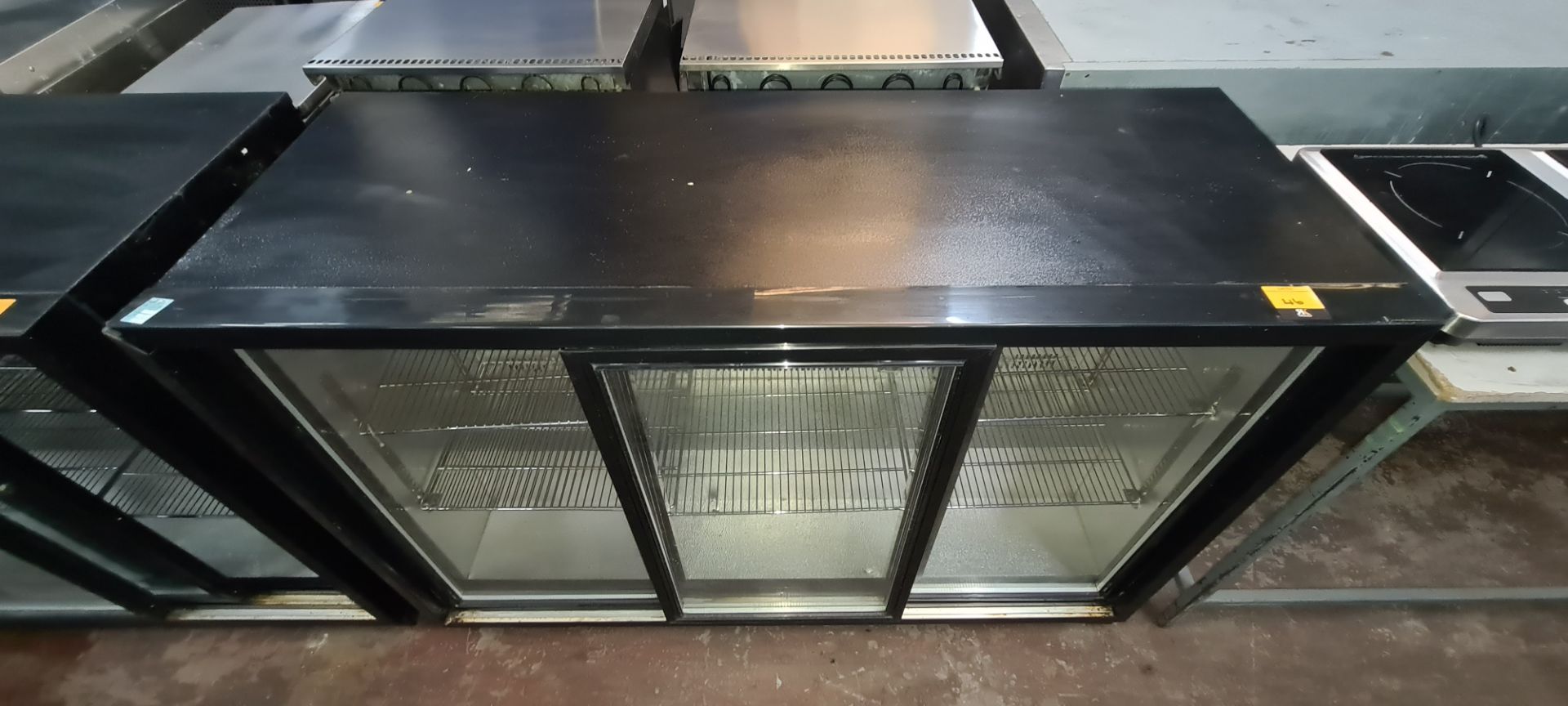 Black triple clear sliding door back bar/bottle fridge