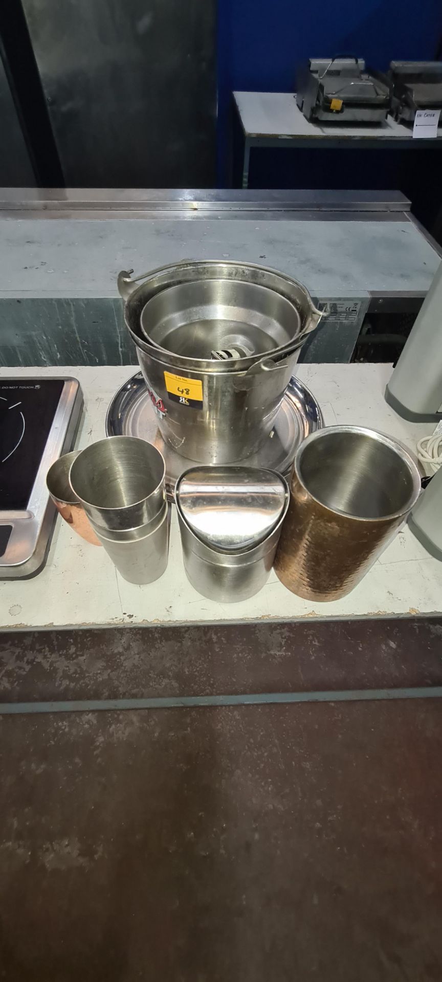 Quantity of round trays & other bar related equipment including buckets, cocktail shakers, optics &