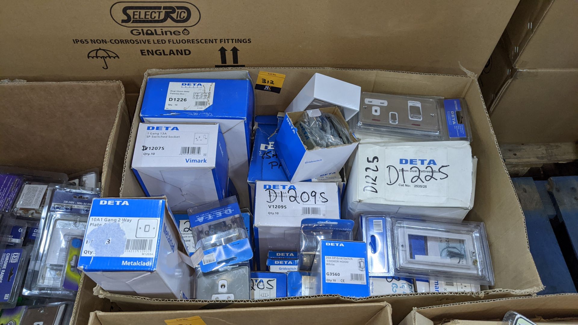 Box of Deta assorted sockets, switches & other electrical products