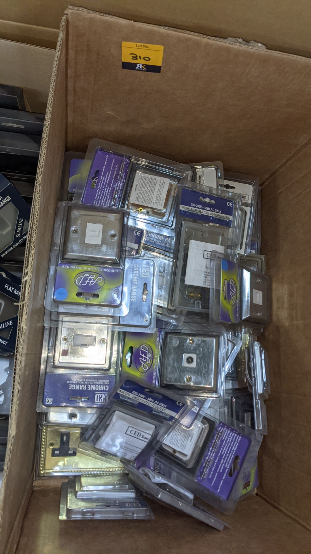 Box of assorted CED sockets & switches