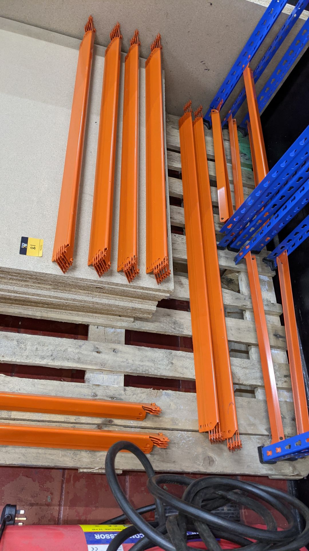 Quantity of blue & orange bolt-free racking comprising 6 uprights, approx. 16 shelves & a quantity o - Image 5 of 7