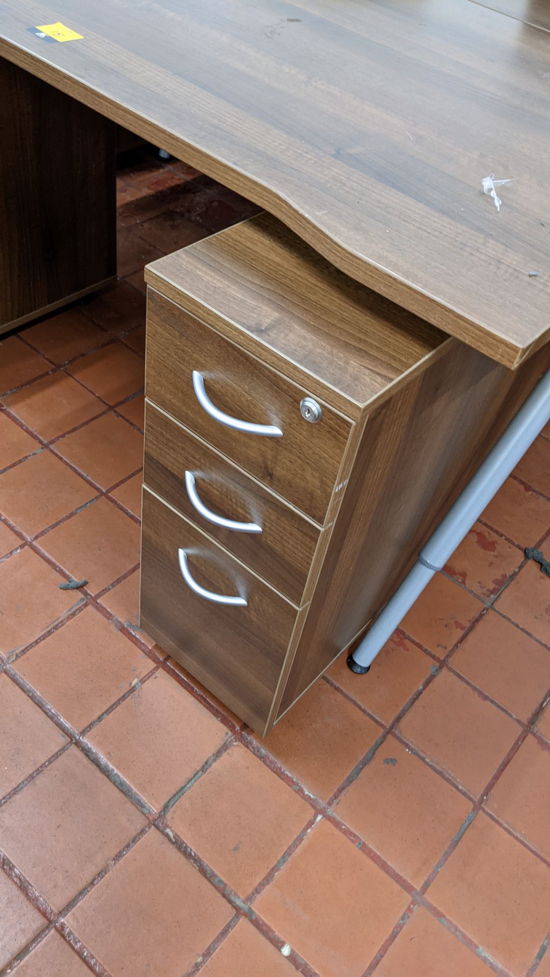 Quantity of matching dark brown & silver furniture comprising frame with back to back desks, 3 off f - Image 5 of 12