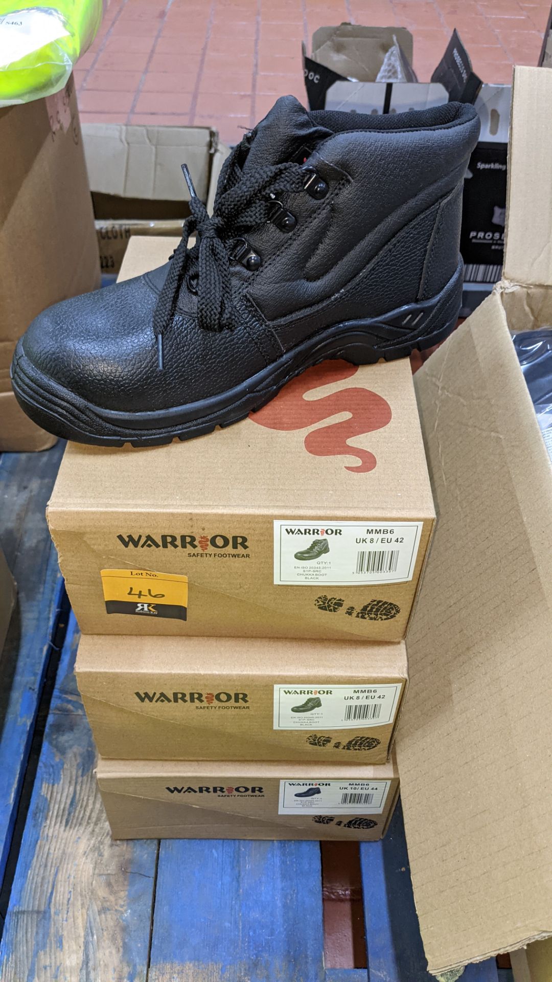 3 pairs of Warrior Chukka black work boots with protective toes, sizes UK8 & UK10