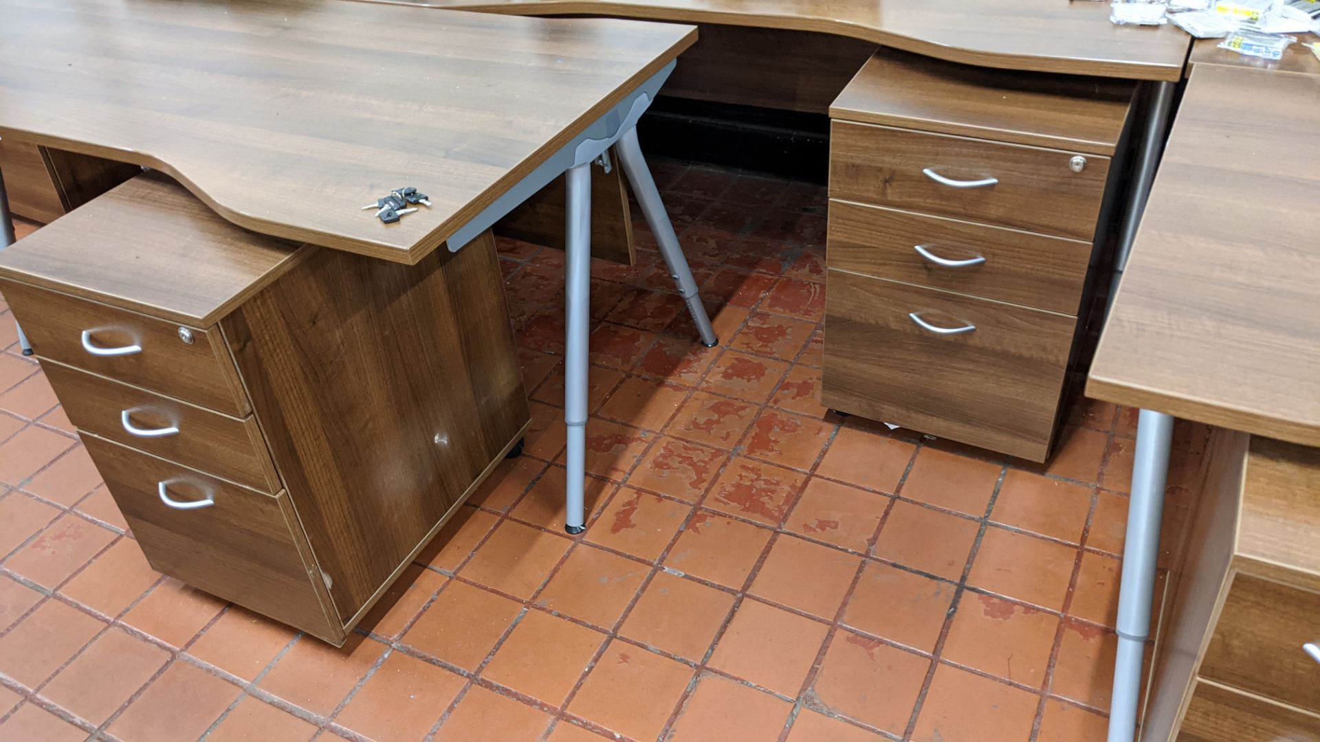 Quantity of matching dark brown & silver furniture comprising frame with back to back desks, 3 off f - Image 8 of 12