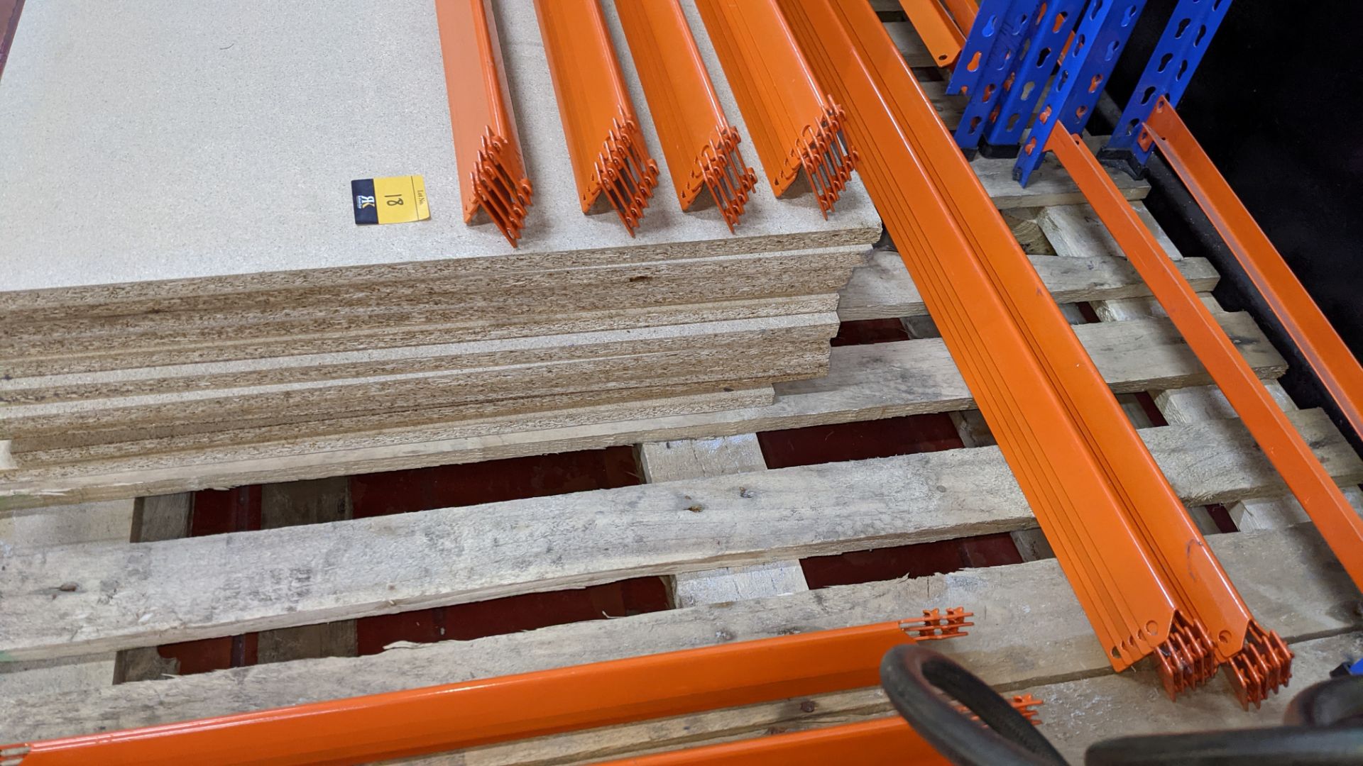 Quantity of blue & orange bolt-free racking comprising 6 uprights, approx. 16 shelves & a quantity o - Image 6 of 7