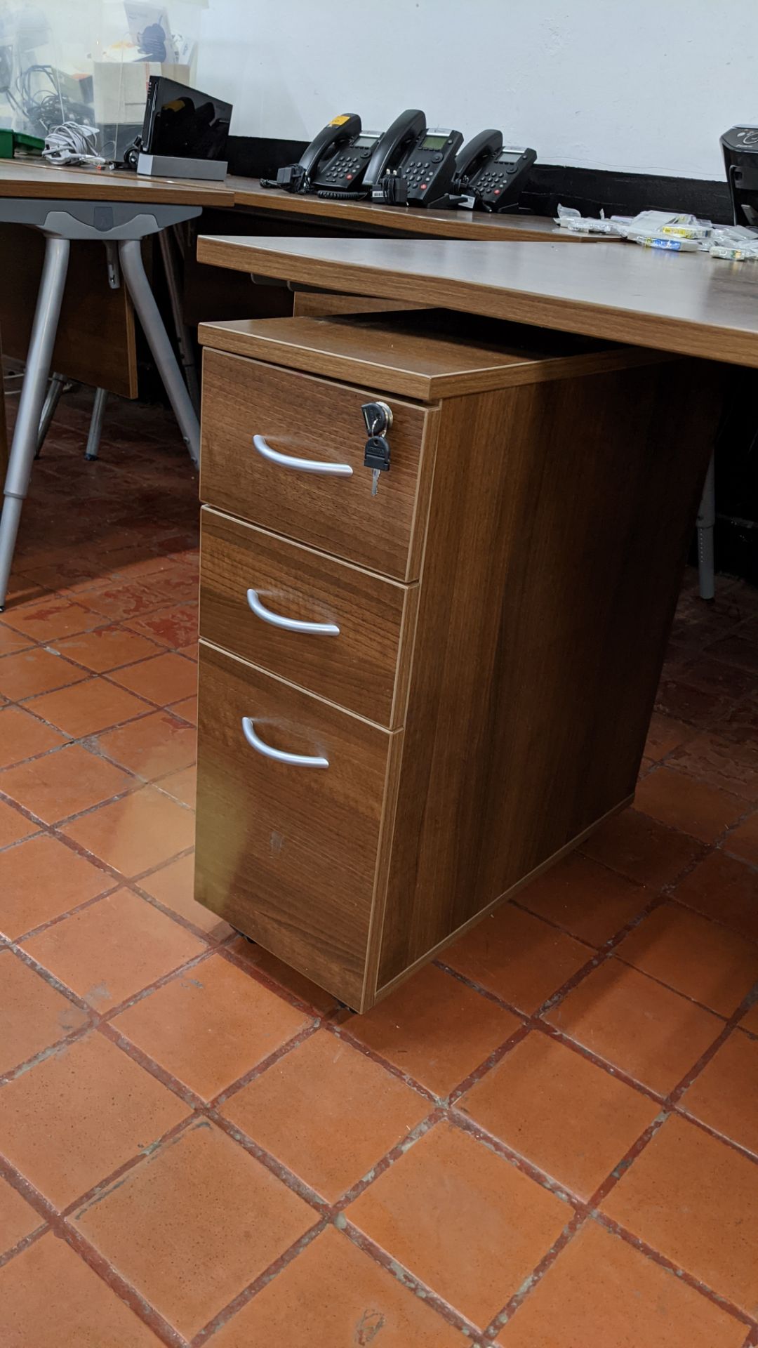 Quantity of matching dark brown & silver furniture comprising frame with back to back desks, 3 off f - Image 6 of 12