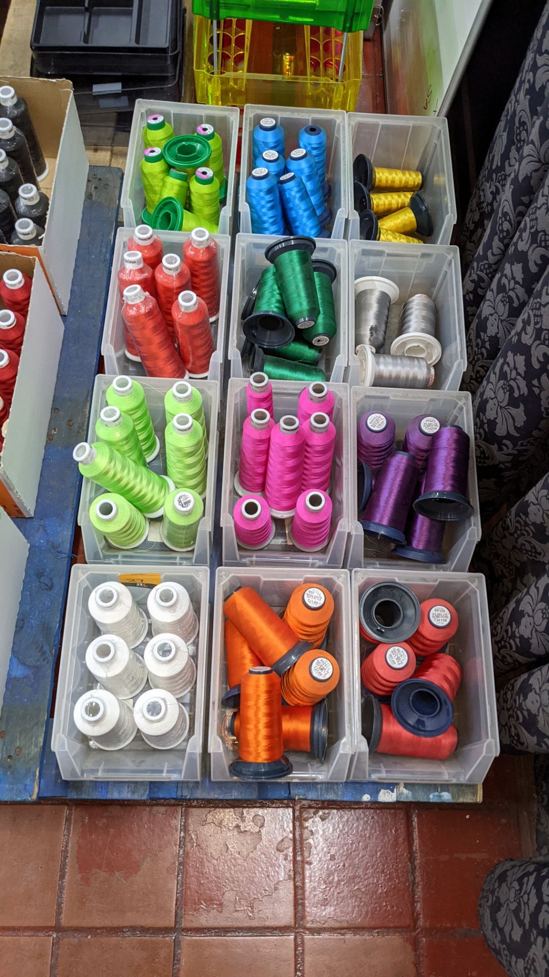 12 storage bins & their contents of embroidery thread