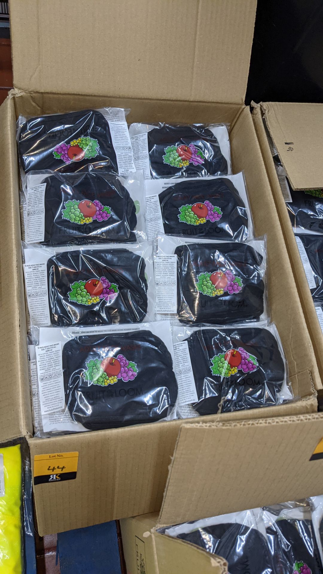 Large box of Fruit of the Loom adult face masks. The masks are 100% cotton, with 5 face masks in a p