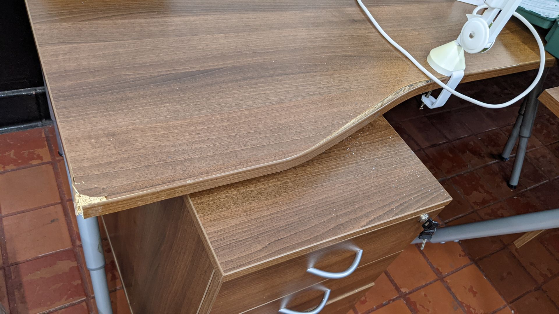 Quantity of matching dark brown & silver furniture comprising frame with back to back desks, 3 off f - Image 12 of 12