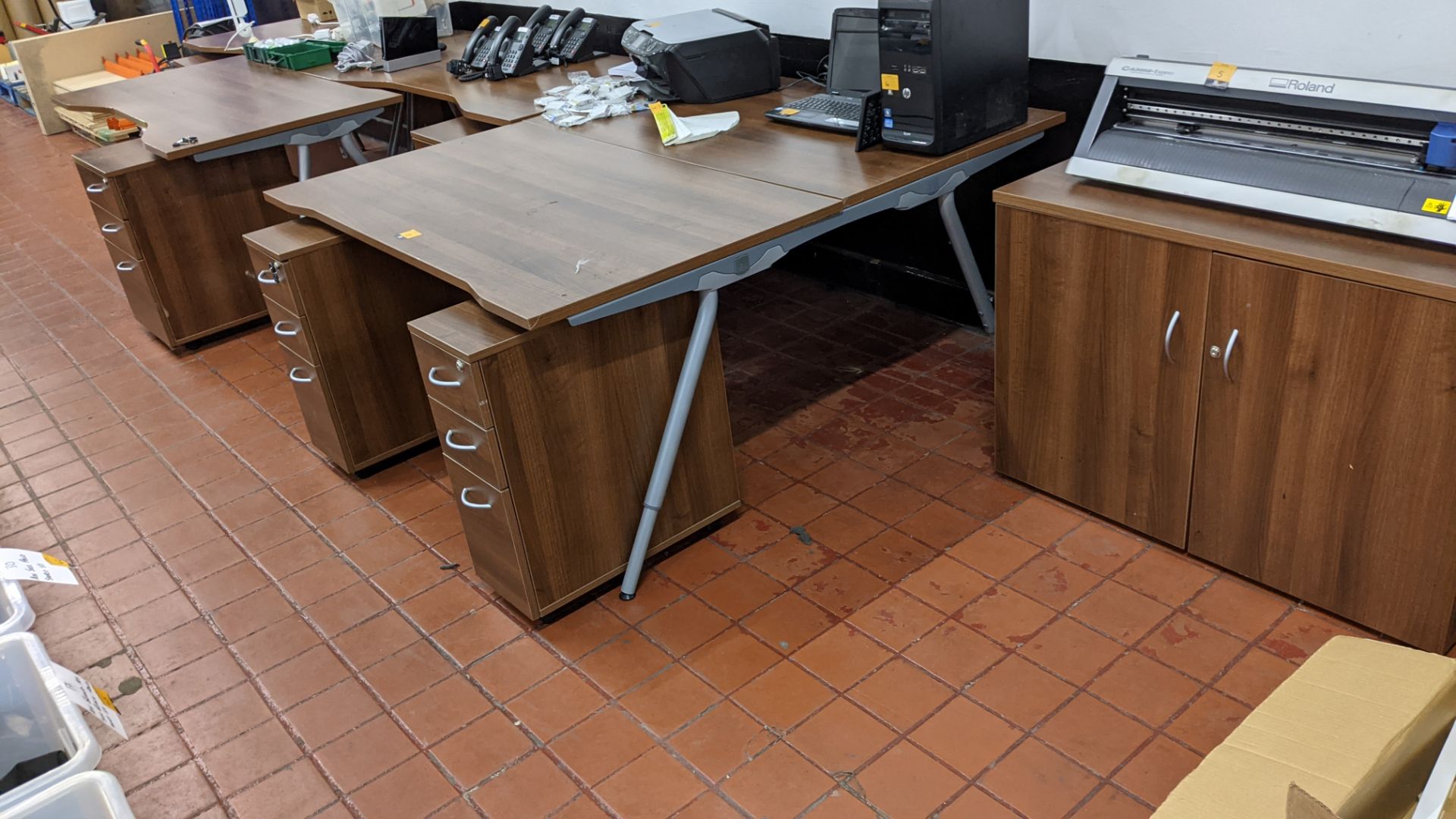 Quantity of matching dark brown & silver furniture comprising frame with back to back desks, 3 off f