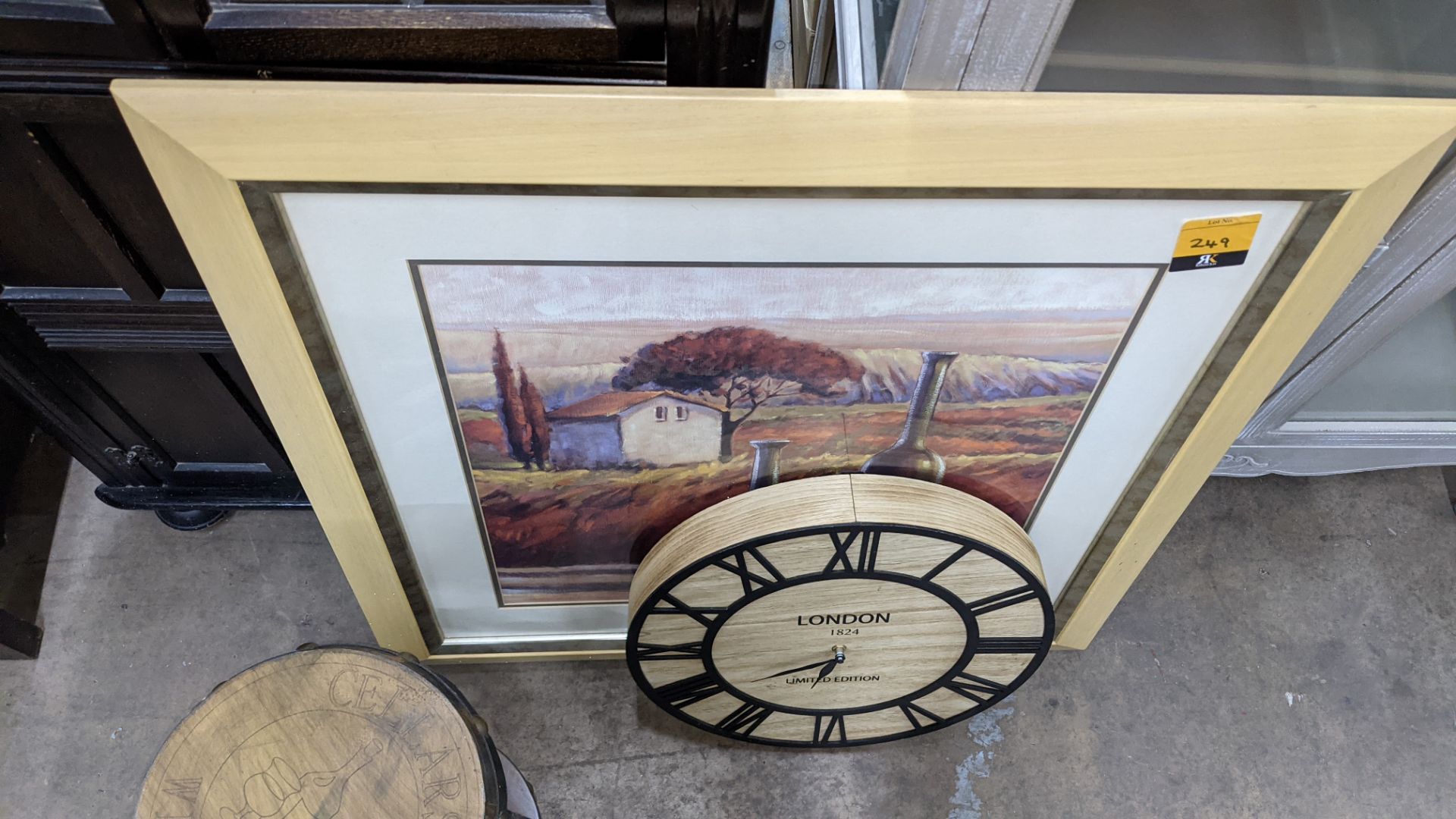 3 assorted items comprising wall clock, framed picture & mini wine barrel shaped wine bottle holder - Image 7 of 7