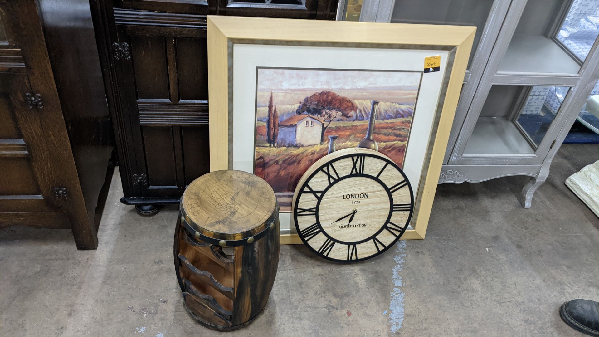 3 assorted items comprising wall clock, framed picture & mini wine barrel shaped wine bottle holder